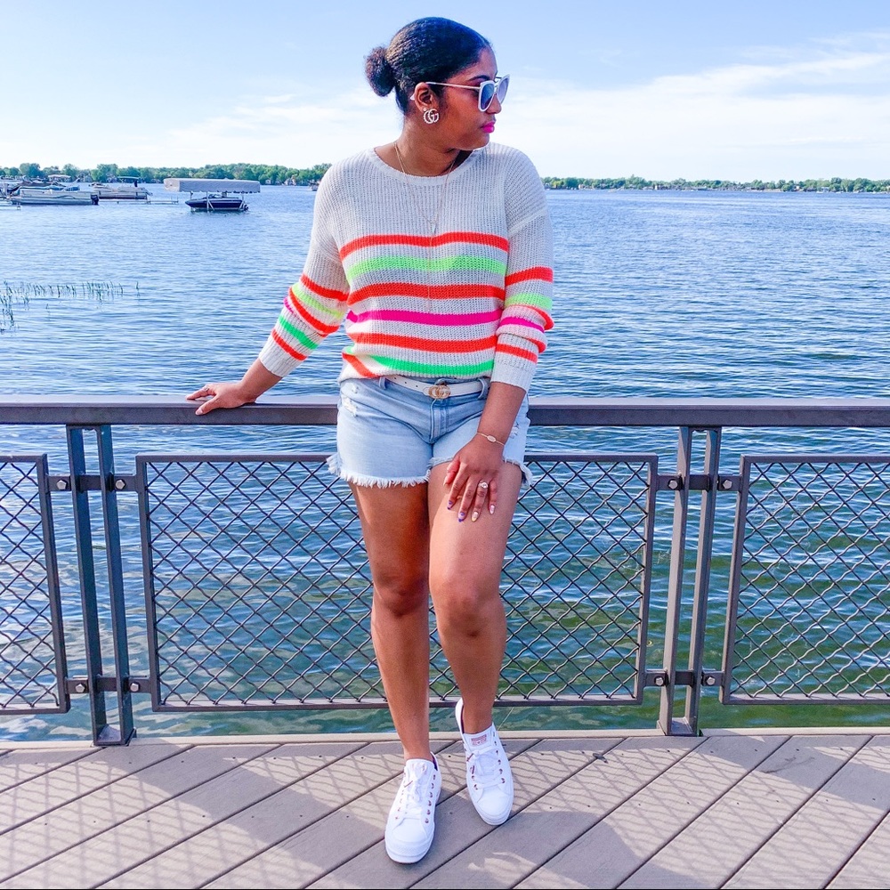 Pink Lily! Neon, Lightweight Sweater! Great for Spring & Summer! Stripes! MED/LG - Picture 2 of 6